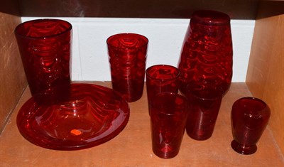 Lot 344 - Whitefriars - A Group of Wave Ribbed Glass Vases and Bowl, in ruby, including tumbler vases,...