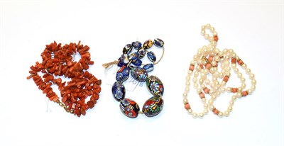 Lot 361 - A pear and coral necklace with 9ct clasp, including a coral necklace and a cloisonne enamel...