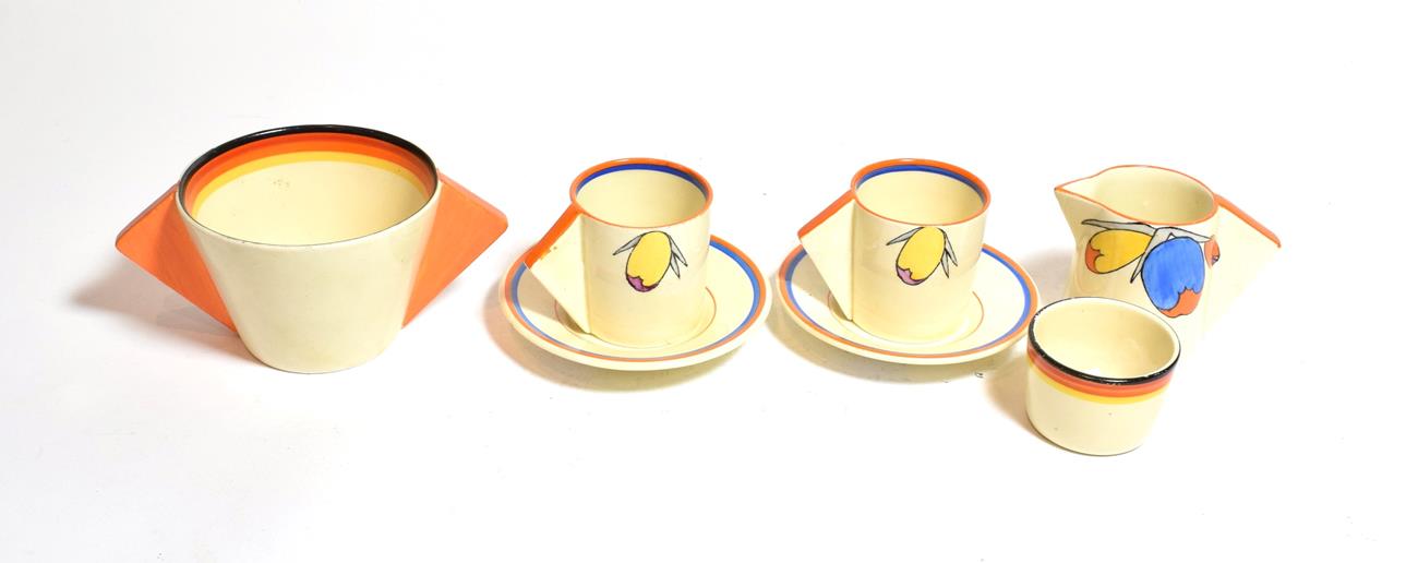 Lot 373 - A Clarice Cliff Bizarre part coffee set, in the Flora pattern, comprising two coffee cans with...