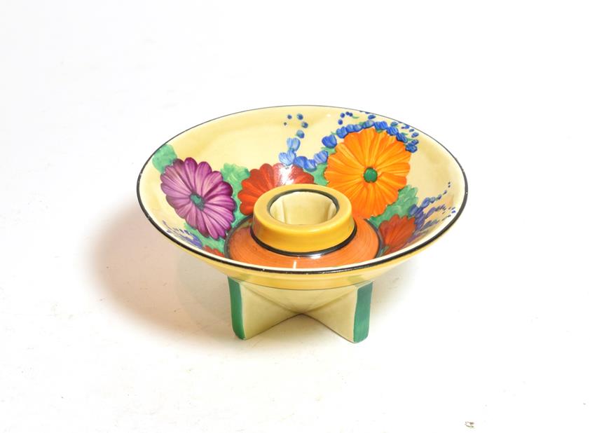 Lot 375 - A Clarice Cliff Fantasque candle holder, in the Gay Day pattern, 11.5cm diameter