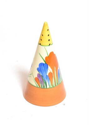 Lot 377 - A Clarice Cliff Bizarre conical sugar sifter, in the Crocus pattern, 14cm height