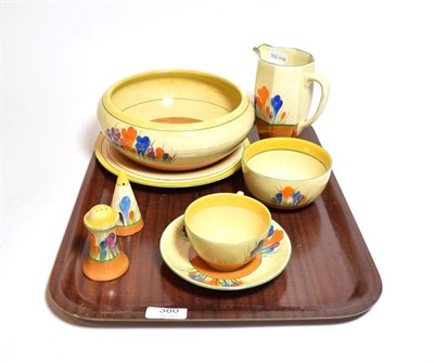 Lot 380 - A collection of Clarice Cliff Bizarre pattern wares, in the Crocus pattern, comprising a bowl, 23cm