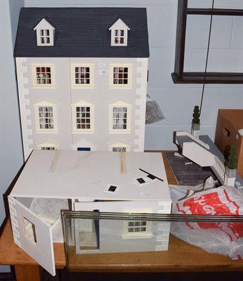 Lot 383 - Modern three storey dolls house with cellar and balustrade balcony, fitted for electricity,...