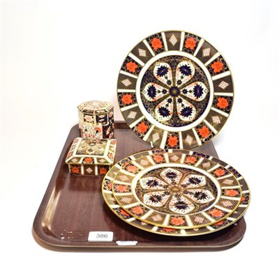 Lot 386 - Royal Crown Derby comprising of three plates, rectangular form dish and cover, octagonal form...