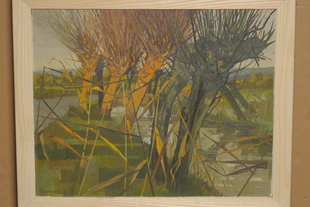 Lot 1011 - Cecile Crombeke (1921-2002) Willow Trees beside a stream Signed and dated (19)71, oil on board,...