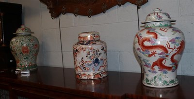 Lot 400 - Two modern Chinese ginger jars and covers, modern Chinese vase and a modern Chinese tea...