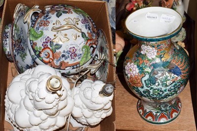 Lot 403 - White glazed ceramic table lamps with fruit and floral decoration, and a Fell & Co, tureen and...