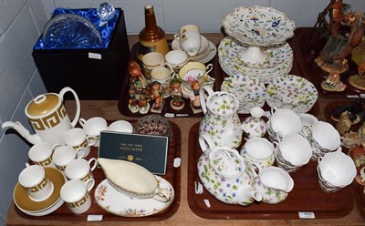 Lot 405 - Wedgewood 'Key Stone' pattern tea set in old gold by Susie Cooper, a Queen's 'Country Meadow'...