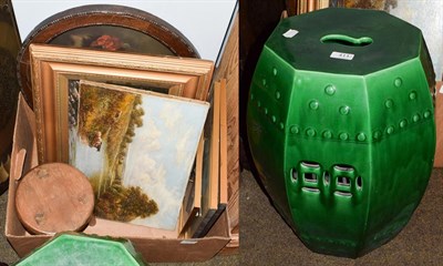 Lot 411 - A green glazed barrel seat, small wooden tool and a selection of pictures and prints including...