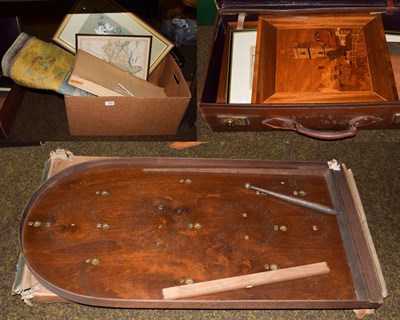 Lot 425 - Map of Westmorland, a suitcase of prints, a white feather fan, three needlework panels and a wooden