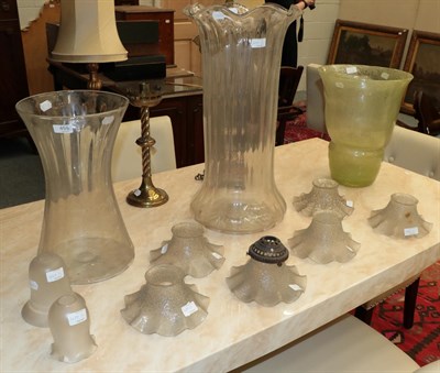Lot 459 - * Three 20th century oversized glass vases, together with eight assorted glass light shades (qty)