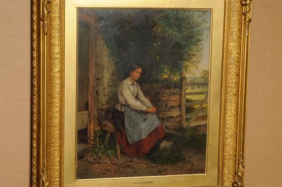 Lot 1018 - Richard Peter Richards (1840-1877) Girl seated beside a barn Inscribed on the original frame...