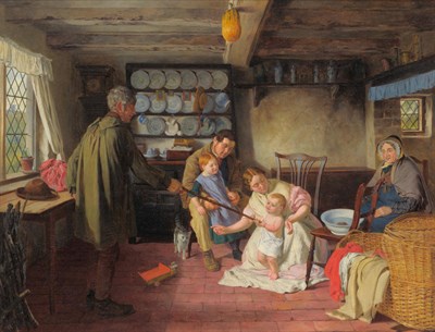 Lot 1020 - Charles Rossiter (b.1827,fl.1852-1890) Cottager's family Signed, inscribed verso, oil on...