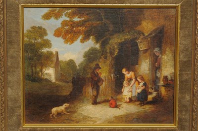 Lot 1021 - Attributed to John Anthony Puller (fl.1821-1867) Mother and children beside a cottage door Oil...