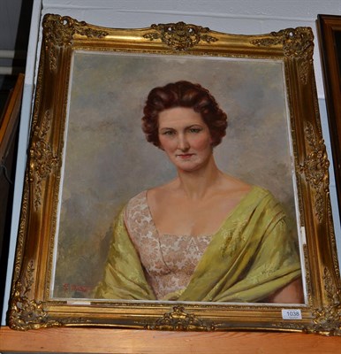 Lot 1038 - Fortunino Matania RI (1881-1963) Italian, Portrait of a lady, wearing a cream brocade dress and...