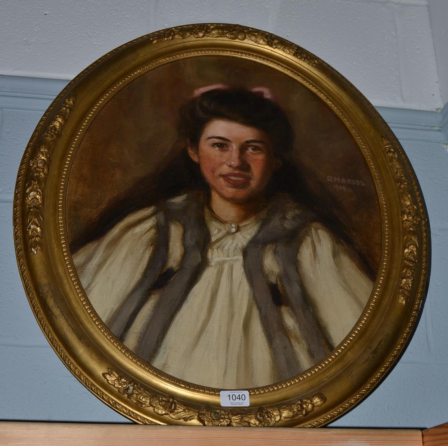 Lot 1040 - R.H.A Ross (20th century) Portrait of a girl with a pink bow, signed and dated 1909? oil on canvas