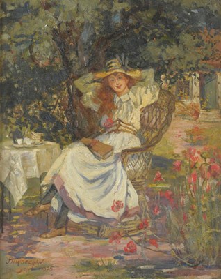 Lot 1024 - Jessie M. McGeehan (ex.1892-1913) Girl seated in a garden taking tea Signed and dated 1895,...