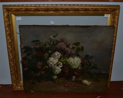 Lot 1055 - British school (20th century), still life of flowers and grapes, oil on canvas, 60cm by 73cm