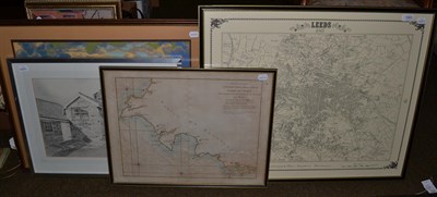 Lot 1065 - Two woolwork shipping scenes, two maps, one of Devonshire and one of Leeds, and a pencil drawing of