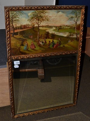 Lot 1069 - A mirror, surmounted with an oil on panel with figures promenading in a landscape
