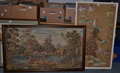 Lot 1100 - Machine worked tapestry of figures by a water mill; and an embroidered silk picture of a...