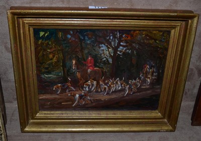 Lot 1117 - Geoffrey Mortimer (20th century) 'The Hunt riding through woodland', signed, oil on board, 21cm...