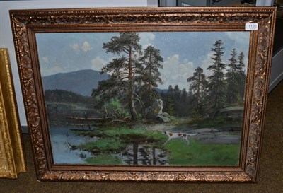 Lot 1120 - Olaf *** (20th century) Pointer pointing a Duck in forest landscape, indistinctly signed, oil...