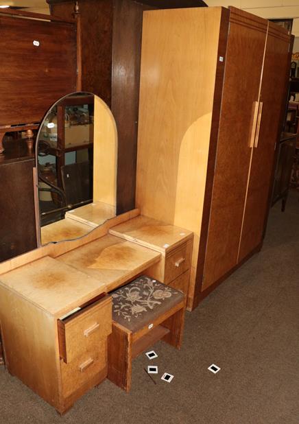 Lot 1160 - An Art Deco burr walnut veneered four-piece bedroom suite comprising, double wardrobe, single...