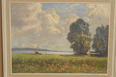 Lot 1035 - William Charles Rushton (1860-1921) "Young Corn, nr Arnside, Morecambe Bay" Signed, inscribed...