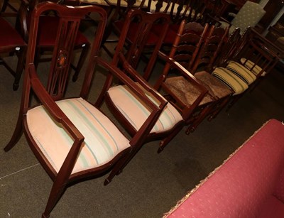 Lot 1195 - Six dining chairs comprising two rush seated ladder-back chairs, two mahogany inlaid dining chairs