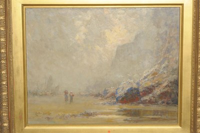 Lot 1037 - Lester Sutcliffe RCamA (1848-1933) Coastal scene with figures walking towards fishing boats Signed