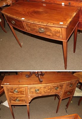 Lot 1218 - A Georgian style mahogany veneered bow fronted sideboard, the backboard with applied Cooper of...