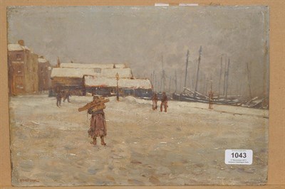 Lot 1043 - Ernest Dade (1864-1934) Quayside scene with figures in a winter landscape Signed, oil on board,...