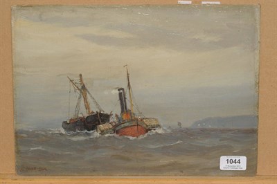 Lot 1044 - Ernest Dade (1864-1934) Fishing boat and steam packet off a coastline Signed, oil on board, 25cm by