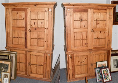 Lot 1303 - A pair of reclaimed wood cupboards, each with an upper section fitted with shelves, 125cm by...