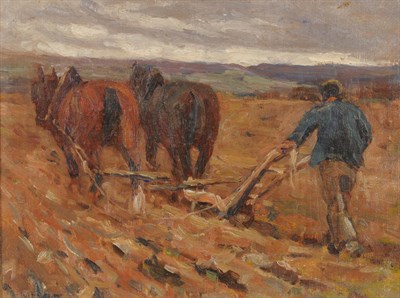 Lot 1047 - James William Booth RCamA (1867-1953) Farmer ploughing with horses Indistinctly signed, oil on...