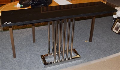 Lot 1318 - A bespoke console table, the Italian marble top on tubular chrome supports, 150cm wide by 40cm deep