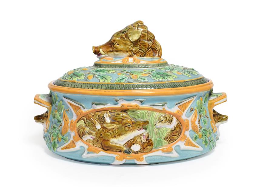 Lot 4 - A George Jones Majolica Game Pie Tureen, Cover and Liner, circa 1875, of oval form with boar's head