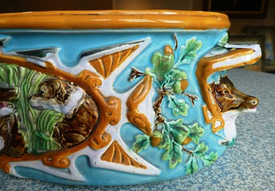 Lot 4 - A George Jones Majolica Game Pie Tureen, Cover and Liner, circa 1875, of oval form with boar's head