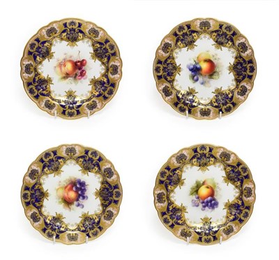 Lot 11 - A Set of Four Royal Worcester Porcelain Plates, by Richard Sebright, 1910, painted with fruit...
