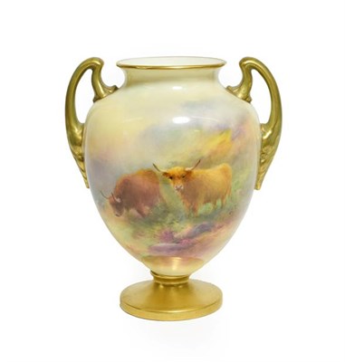 Lot 20 - A Royal Worcester Porcelain Twin-Handled Vase, by Harry Stinton, 1934, of ovoid form, painted...