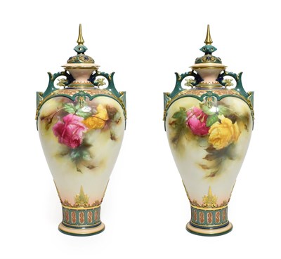 Lot 28 - A Pair of Royal Worcester Hadleigh Ware Vases and Covers, by William Jarman, circa 1905, of...