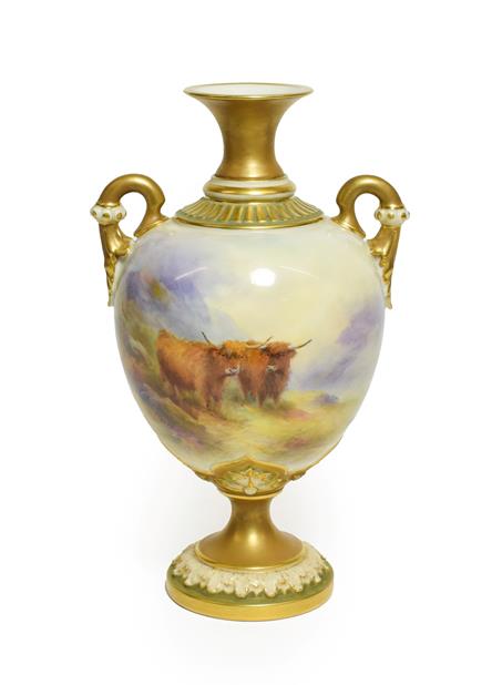 Lot 32 - A Royal Worcester Porcelain Twin-Handled Vase, by Harry Stinton, 1912, of ovoid form with...