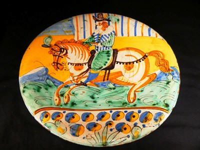 Lot 38 - A Montelupe Maiolica Dish, mid 17th century, painted in blue, ochre, green and manganese with a...
