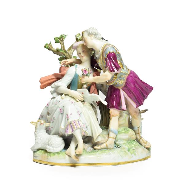 Lot 42 - A Meissen Porcelain Figure Group, circa 1880, as lovers, he standing wearing Roman armour, she...