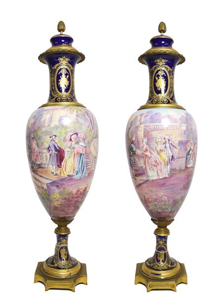 Lot 47 - A Pair of Gilt Metal Mounted Sèvres Style Earthenware Vases and Covers, circa 1900, of...