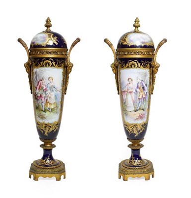 Lot 48 - A Pair of Gilt Metal Mounted Sèvres Style Porcelain Vases and Covers, circa 1900, of slender...