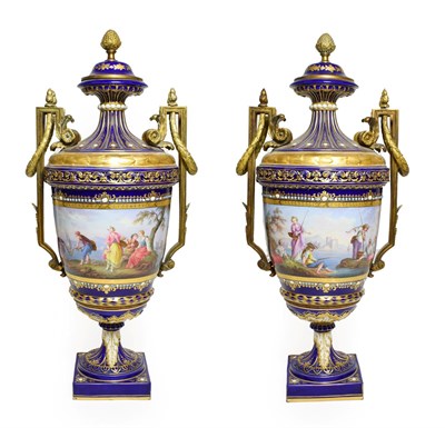 Lot 49 - A Pair of Gilt Metal Mounted Sèvres Style Porcelain Vases and Covers, late 19th century, of...