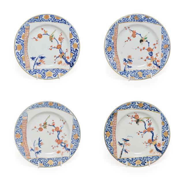 Lot 62 - A Set of Four Chinese Imari Porcelain Plate, Kangxi/Yongzheng, painted in kakiemon style with birds