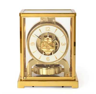 Lot 72 - A Brass Atmos Clock, signed Jaeger LeCoultre, 20th century, case with glazed panels, base with...